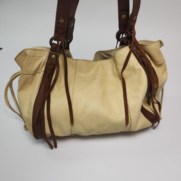 Lucky Brand Leather Purse Double Handle Brown Yellow Tote Hobo Boho Shoulder Bag - Picture 2 of 16